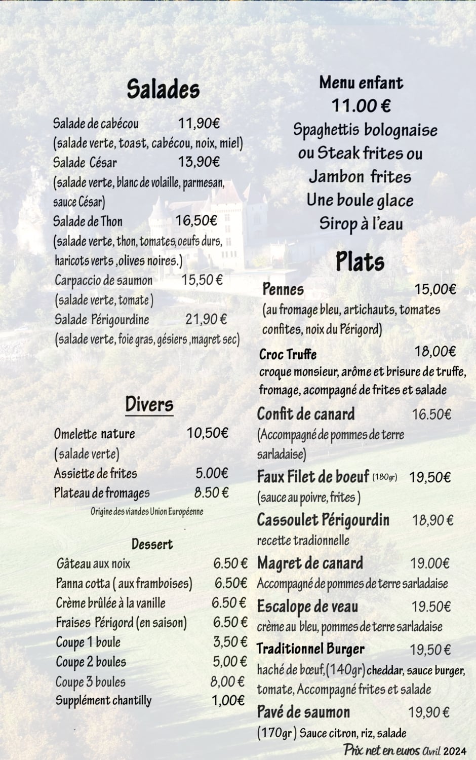 menu restaurant la roque gageac